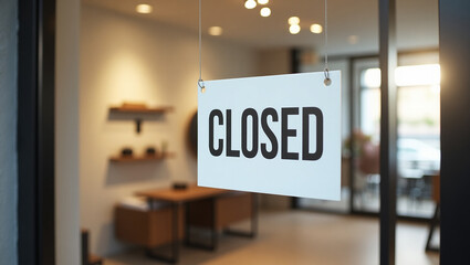 Closed sign on a shop door, symbolizing business closure, economic challenges, or the end of the working day.