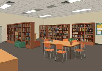 Obraz premium Spacious library interior with numerous bookshelves, study tables, and comfortable seating.