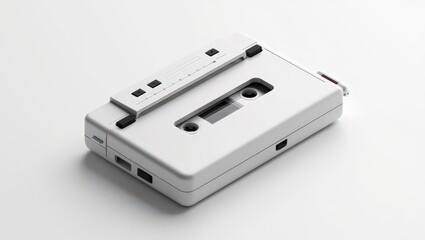 Isometric View of a White Cassette Player with Control Buttons and a Transparent Cassette Window on a Clean White Background for Product Photography and Design Mockups