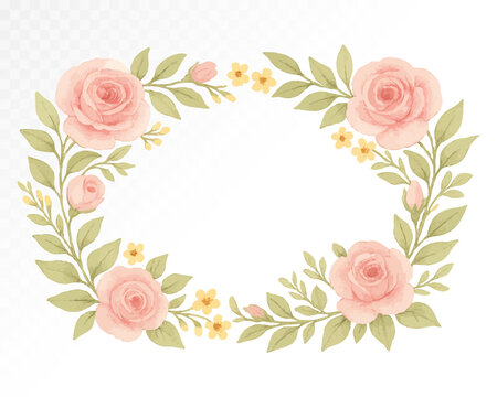 Watercolor oval floral frame with pink roses, golden leaves, and soft greenery. Romantic botanical design for wedding stationery. Vector illustration.