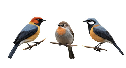Fototapeta premium Realistic PNG Illustration Of Three Colorful Birds Perched On Branches On Black Background