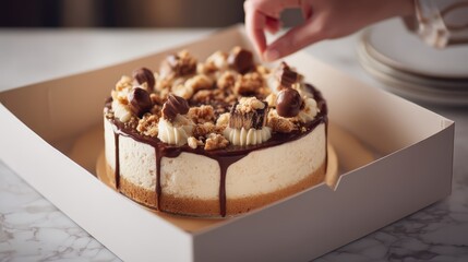 Person is putting chocolate sauce on a cake in a box