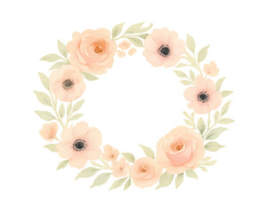 Watercolor round floral wreath with blush anemones and greenery. Soft botanical frame in romantic pastel tones. Vector illustration.