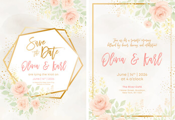 Floral wedding invitation with pink watercolor roses and eucalyptus leaves. Elegant two-card layout with romantic botanical design. Vector illustration.
