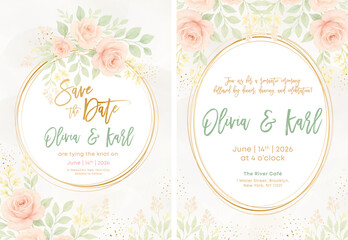 Wedding invitation and save the date card with blush pink watercolor roses, greenery, and golden circle frames. Elegant floral design. Vector illustration.