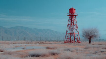 Red water tower in a desert landscape.