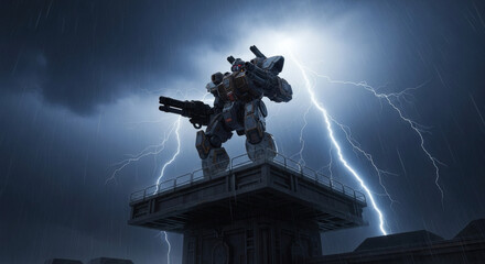 A powerful, heavily armed mech stands defiantly on a platform amidst a dramatic thunderstorm with lightning strikes illuminating the stormy sky.