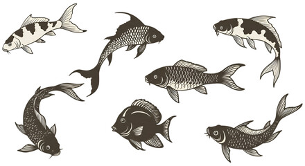 Obraz premium Pixelated Fish Illustration On Transparent Background Black and White Colors