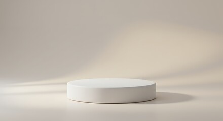 Minimalist white podium on a beige background with soft lighting for product presentation. A 3D rendered pedestal for modern showcases.