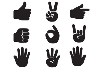Hand gesture icon set. All type of hand emojis, gestures, stickers, emoticons flat vector illustration symbols. Hands, handshakes, muscle, finger, fist, direction, like, unlike, fingers collection