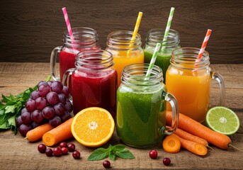 Assorted fruit and vegetable juices in mason jars with straws on a wooden surface background shot