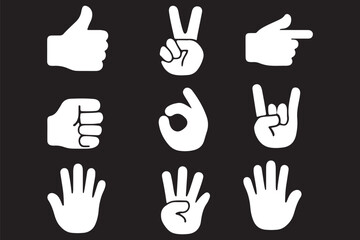 Hand gesture icon set. All type of hand emojis, gestures, stickers, emoticons flat vector illustration symbols. Hands, handshakes, muscle, finger, fist, direction, like, unlike, fingers collection