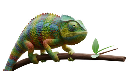 Obraz premium Realistic 3D Illustration of a Colorful Chameleon on a Branch with Transparent Background