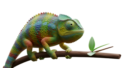 Realistic 3D Illustration of a Colorful Chameleon on a Branch with Transparent Background