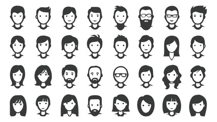 Diverse Collection of Minimalist Avatar Icons Representing Various Genders, Hairstyles, and Facial Features for User Profiles or Design Elements