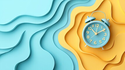 Light blue alarm clock on a yellow and blue paper cut background