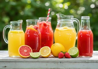 Assortment of colorful fruit juices in glass pitchers and bottles on a wooden surface outdoors