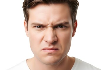 Fototapeta premium A man with short brown hair, wearing a white t-shirt, is making a face, possibly in anger or frustration, against a white background.