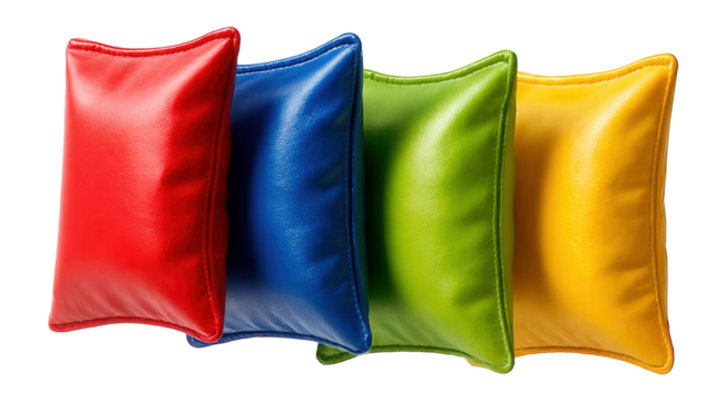 Vinyl cornhole bags in assorted colors with double-stitched seams for increased durability