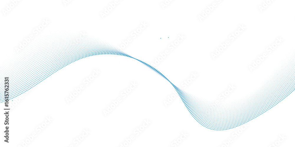Wall mural dynamic particle waves in a blue halftone a flowing dot curve against a white backdrop, embodying te