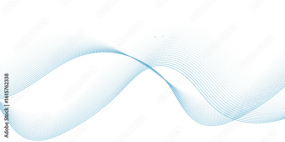 Wall mural dynamic particle waves in a blue halftone a flowing dot curve against a white backdrop, embodying te