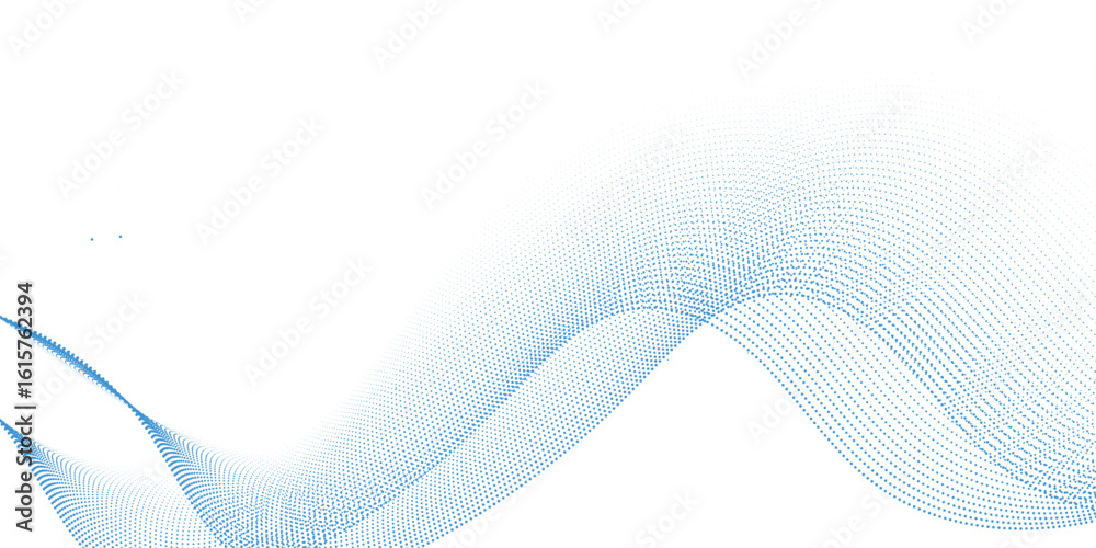 Poster blue dotted wave line pattern. flowing dot particles wave pattern halftone black gradient smooth cur