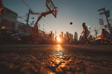Intense Streetball Game at Dusk