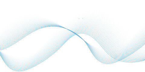 Dynamic particle waves in a blue halftone a flowing dot curve against a white backdrop, embodying technology, sound, music, and modern aesthetics. technology, science, innovation concepts	