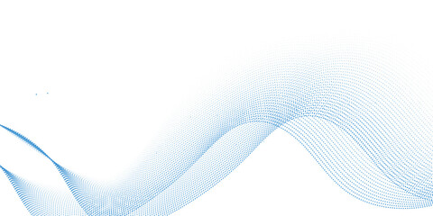 Blue dotted wave line pattern. Flowing dot particles wave pattern halftone black gradient smooth curve shape isolated on transparent background.	