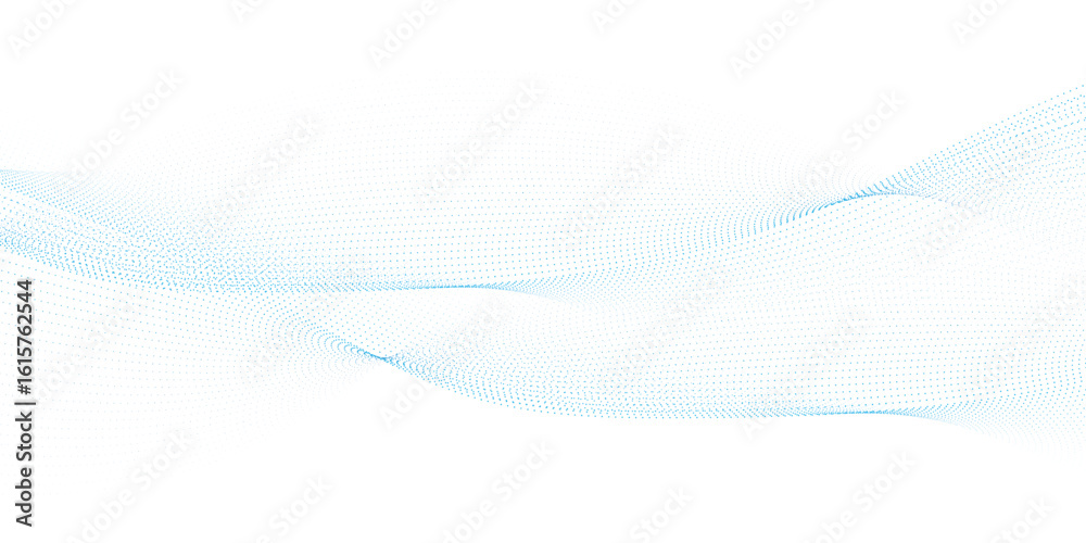 Wall mural dynamic particle waves in a blue halftone a flowing dot curve against a white backdrop, embodying te