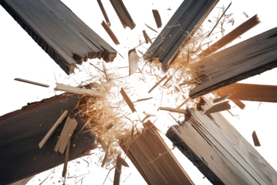 Exploding wood: Shattered wooden planks erupt outwards from a central point, capturing a moment of explosive disintegration, showcasing the power of force and destruction.