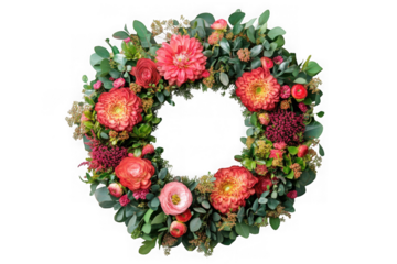 Floral wreath with red and pink flowers, green eucalyptus leaves, spring flower arrangement, wedding decor, isolated on transparent background