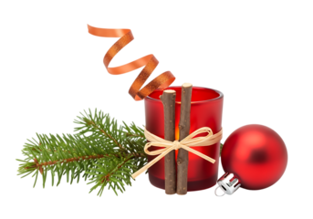 Red Christmas candle, fir branch, ornament, and ribbon; festive, warm, holiday mood  transparent background