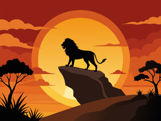 Naklejka premium Lion Silhouette on Rock at Sunset - African Savanna Wildlife Vector Illustration