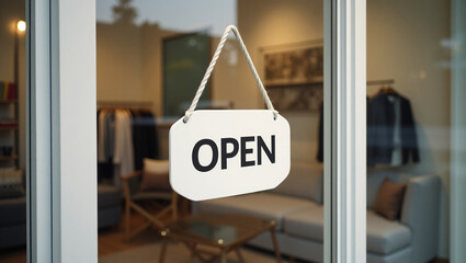 Open sign hanging on a glass door of a modern clothing boutique, welcoming customers to a small business.