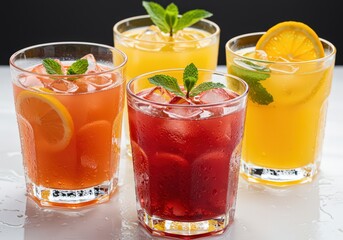 Colorful fruit cocktails with mint and ice, perfect for refreshing summer drinks
