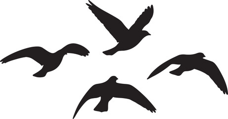 Obraz premium Silhouette of Flying Birds Set – Black Bird Shapes in Flight on White Background Vector Illustration