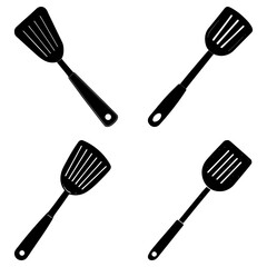 Four black spatula kitchen utensils arranged in a square pattern on a white background illustration