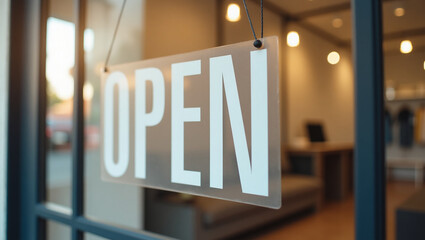 A welcoming white 'OPEN' sign hanging on the glass entrance door of a modern business, shop, or cafe