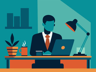 Businessman Working on Laptop at Office Desk. Flat Design Vector Illustration of a Professional Workspace
