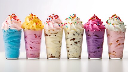 Glasses filled with creamy, delicious milkshakes in vibrant flavors--each topped with whipped cream and colorful sprinkles--set against a clean white background.