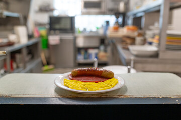 Currywurst Pommes im Imbiss