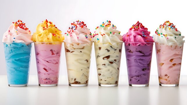 Glasses filled with creamy, delicious milkshakes in vibrant flavors--each topped with whipped cream and colorful sprinkles--set against a clean white background. 