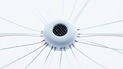 Intricate White Sphere with Radial Cables A Close Up View of a Complex Technological Device with Numerous Connections Against a Clean White Background