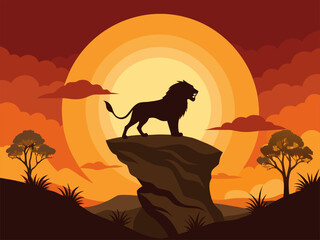 Naklejka premium Lion Silhouette on Rock at Sunset - African Savanna Wildlife Vector Illustration