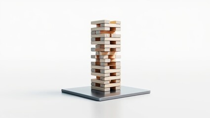 A Towering Jenga Game Constructed from Light Wood Blocks Resting on a Sleek Silver Surface Against a Bright White Background, Perfect for Conceptual Imagery