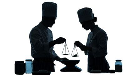 Silhouette Of Two Chefs Balancing Food In Kitchen With Transparent Background