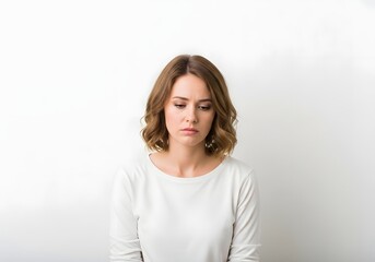 Obraz premium A young woman with shoulder-length brown hair, wearing a white long-sleeved top, stands against a plain white background. 
