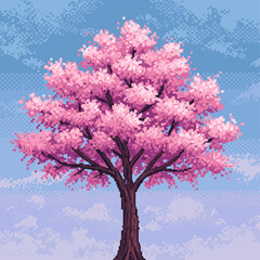 Pixelated cherry blossom tree scenery icon logo flat vector design