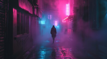 A person walking down a dark alley in the fog